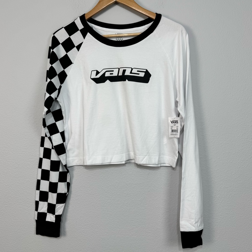 Vans Super Speedee Women’s Large Long‎ Sleeve Crop Checkered Top White Black